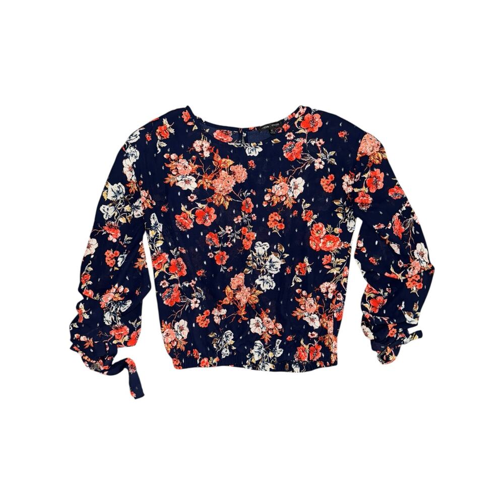 Moa Moa Women’s Floral Blouse Navy Blue Red Long Sleeve Tie Cuffs Size Medium - Picture 3 of 8